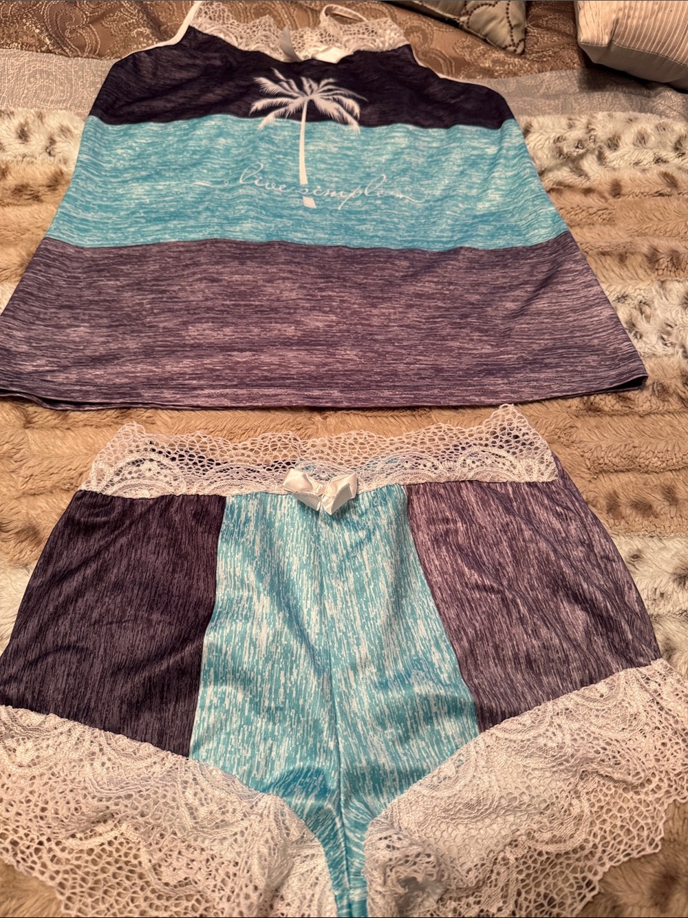 Live Simple Lace-Trim Women's Lounge Shorts - Teal & Purple